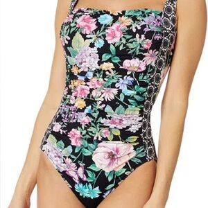 Johnny was ruched one piece multi floral Swimsuit small NWT